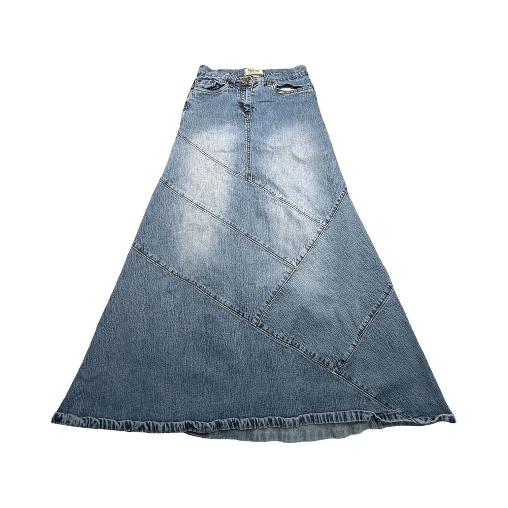 No Fuze Denim Maxi Skirt Womens 28x33 Blue Paneled A-Line Cotton Blend Boho